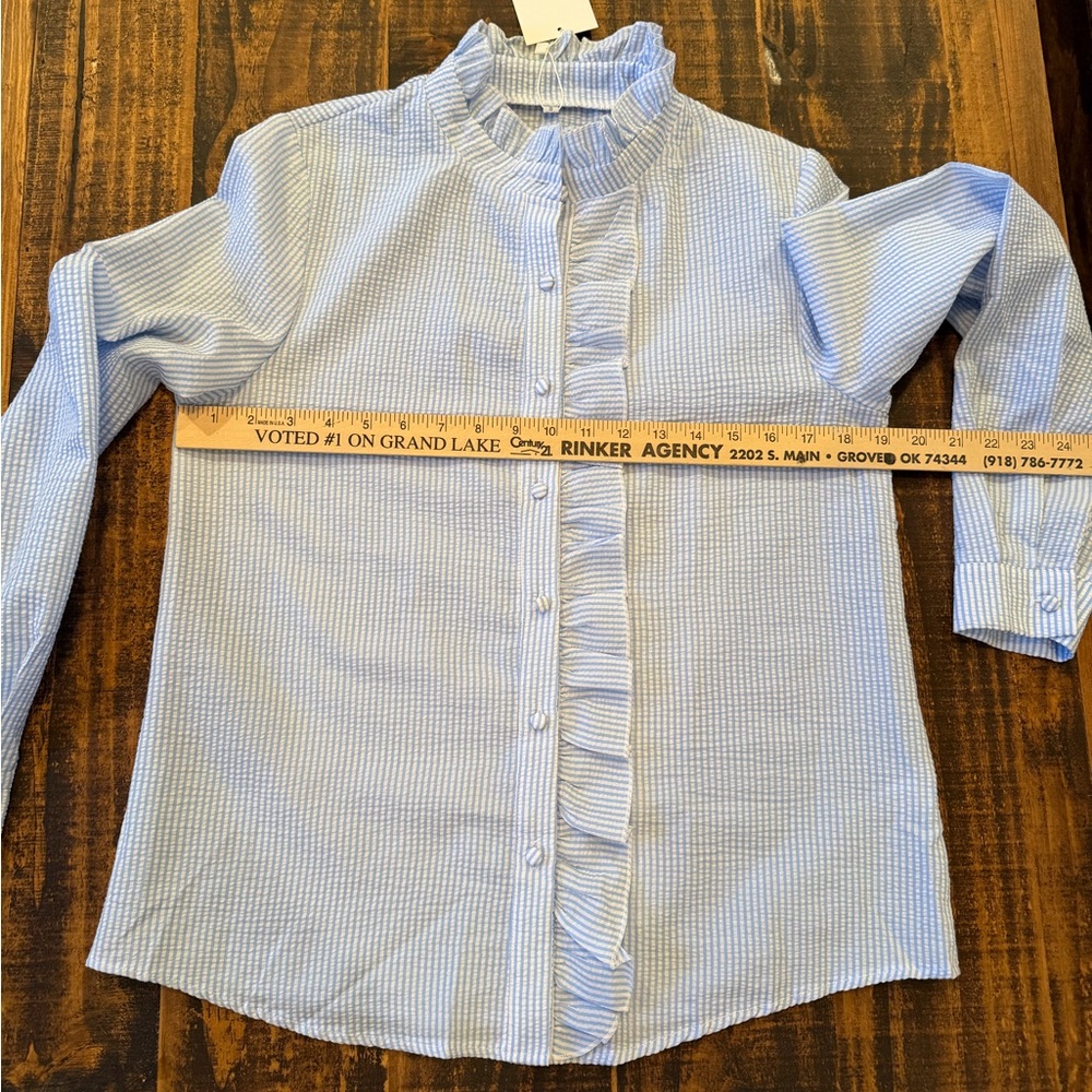 Light Blue Striped Ruffle Button-Down Blouse - Picture 5 of 6